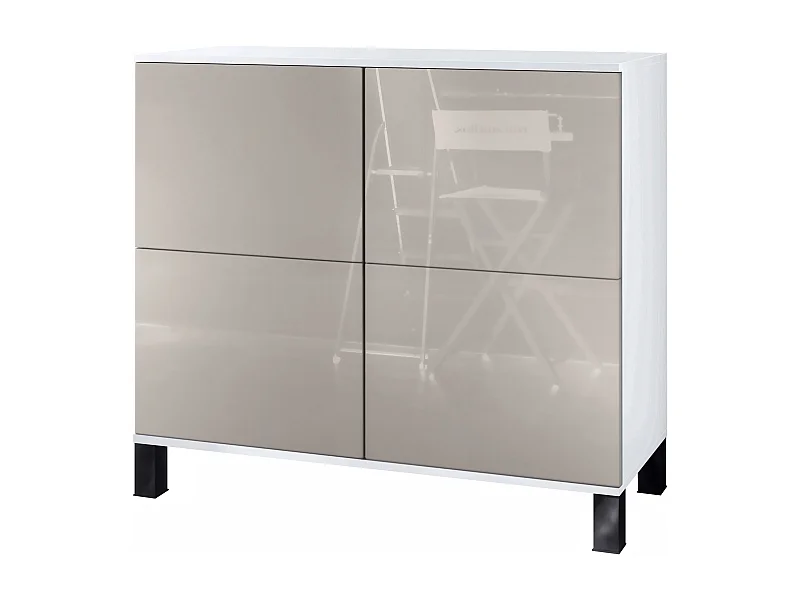 Buffet Rova V3 – Meuble de cuisine moderne avec 4 portes Push-to-Open blanc mat / gris sable haute brillance (92,5 x 84.5 x 35)