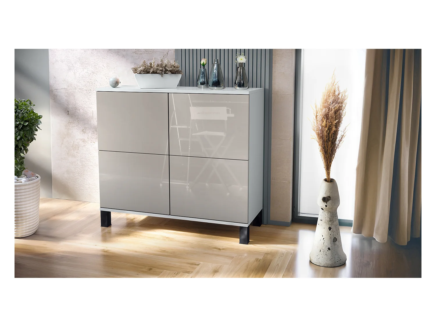 Buffet Rova V3 – Meuble de cuisine moderne avec 4 portes Push-to-Open blanc mat / gris sable haute brillance (92,5 x 84.5 x 35)