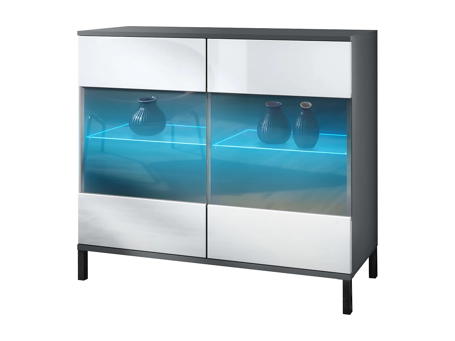 Commode Bari V3, Armoire de cuisine moderne avec 2 grandes portes vitrées incl. éclairage RGB anthracite mat / blanc haute brillance (92,5 x 83.5 x 35)