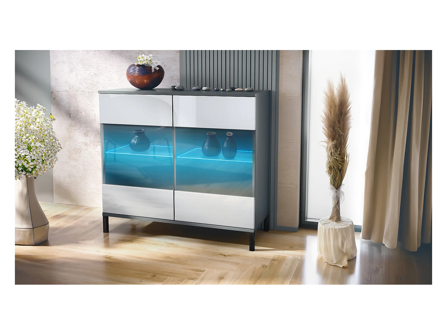 Commode Bari V3, Armoire de cuisine moderne avec 2 grandes portes vitrées incl. éclairage RGB anthracite mat / blanc haute brillance (92,5 x 83.5 x 35)