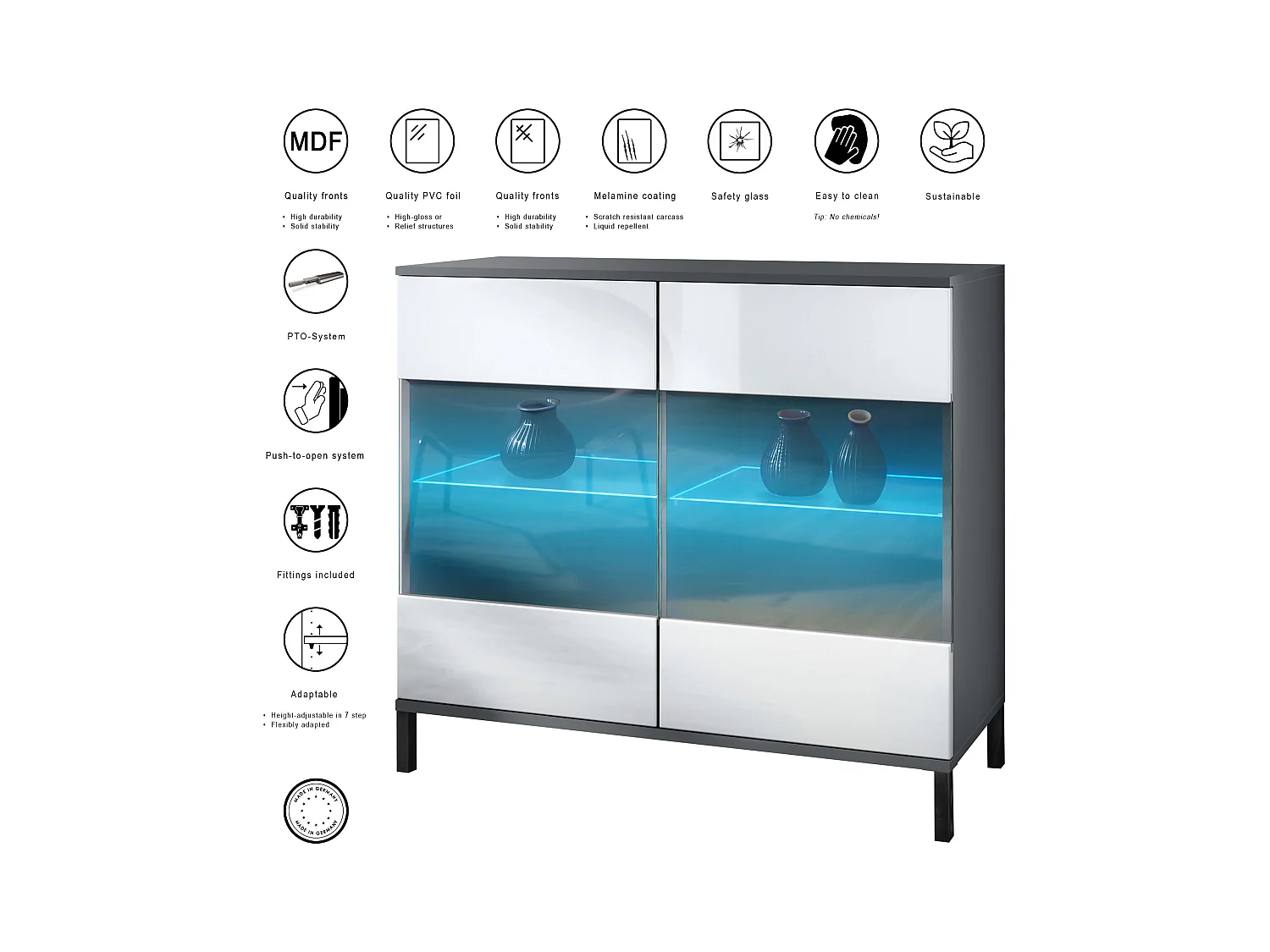 Commode Bari V3, Armoire de cuisine moderne avec 2 grandes portes vitrées incl. éclairage RGB anthracite mat / blanc haute brillance (92,5 x 83.5 x 35)