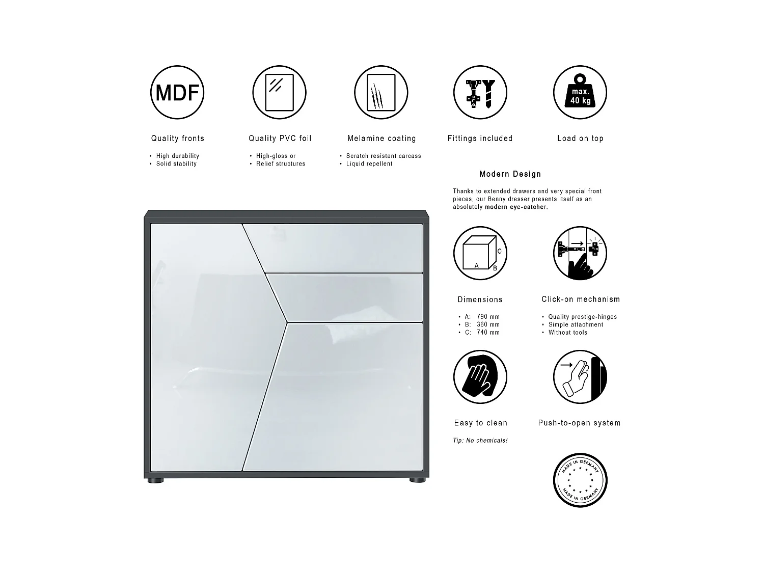 Buffet Benny, Commode avec 2 portes et 2 tiroirs, Noir mat/Blanc haute brillance (79 x 74 x 36 cm)