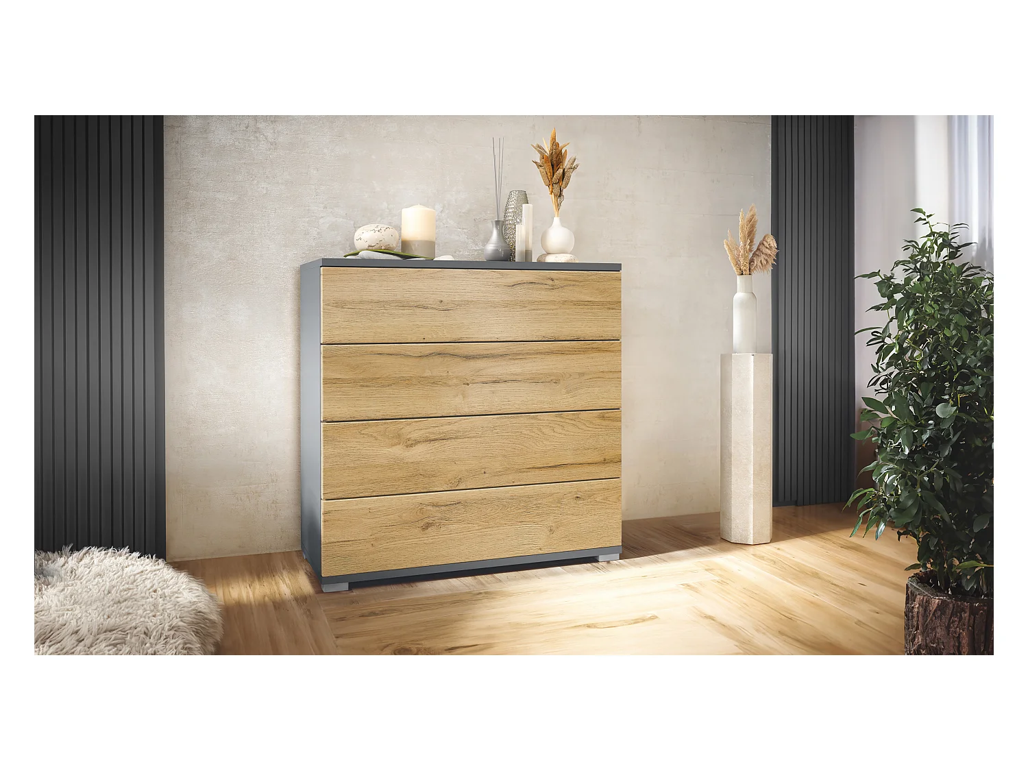 Commode  Pavos V3, Buffet avec 4 tiroirs anthracite mat/chêne nature (76 x 76 x 35 cm)