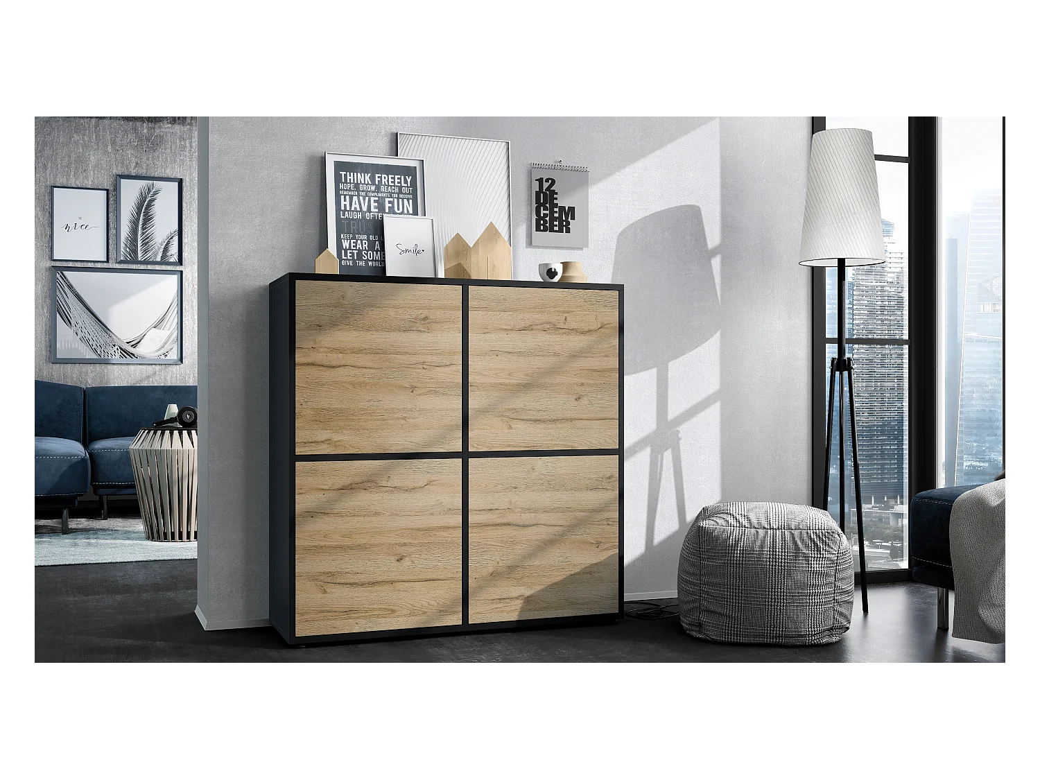 Highboard Cuba V2 Placard 104 x 105,5 x 35,5 cm Buffet à 8 compartiments, caisson en noir mat / façades en Chêne Nature