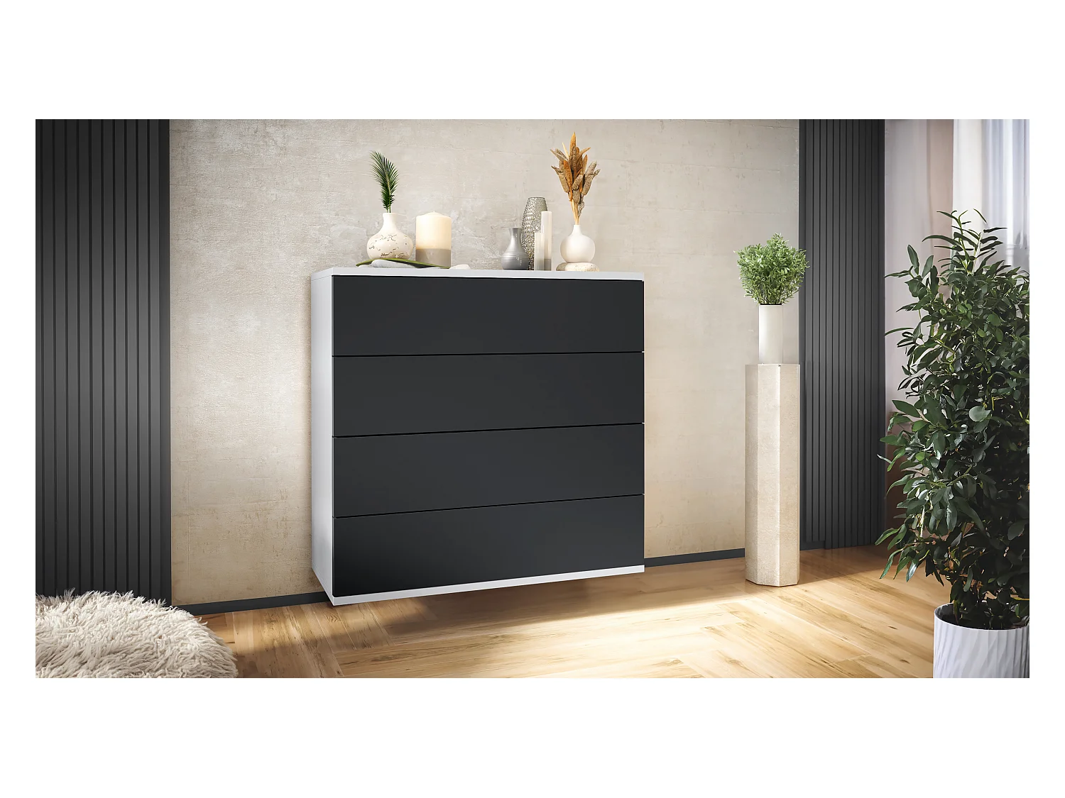 Commode suspendue Pavos V3, Buffet avec 4 tiroirs blanc mat/noir mat (76 x 76 x 35 cm)