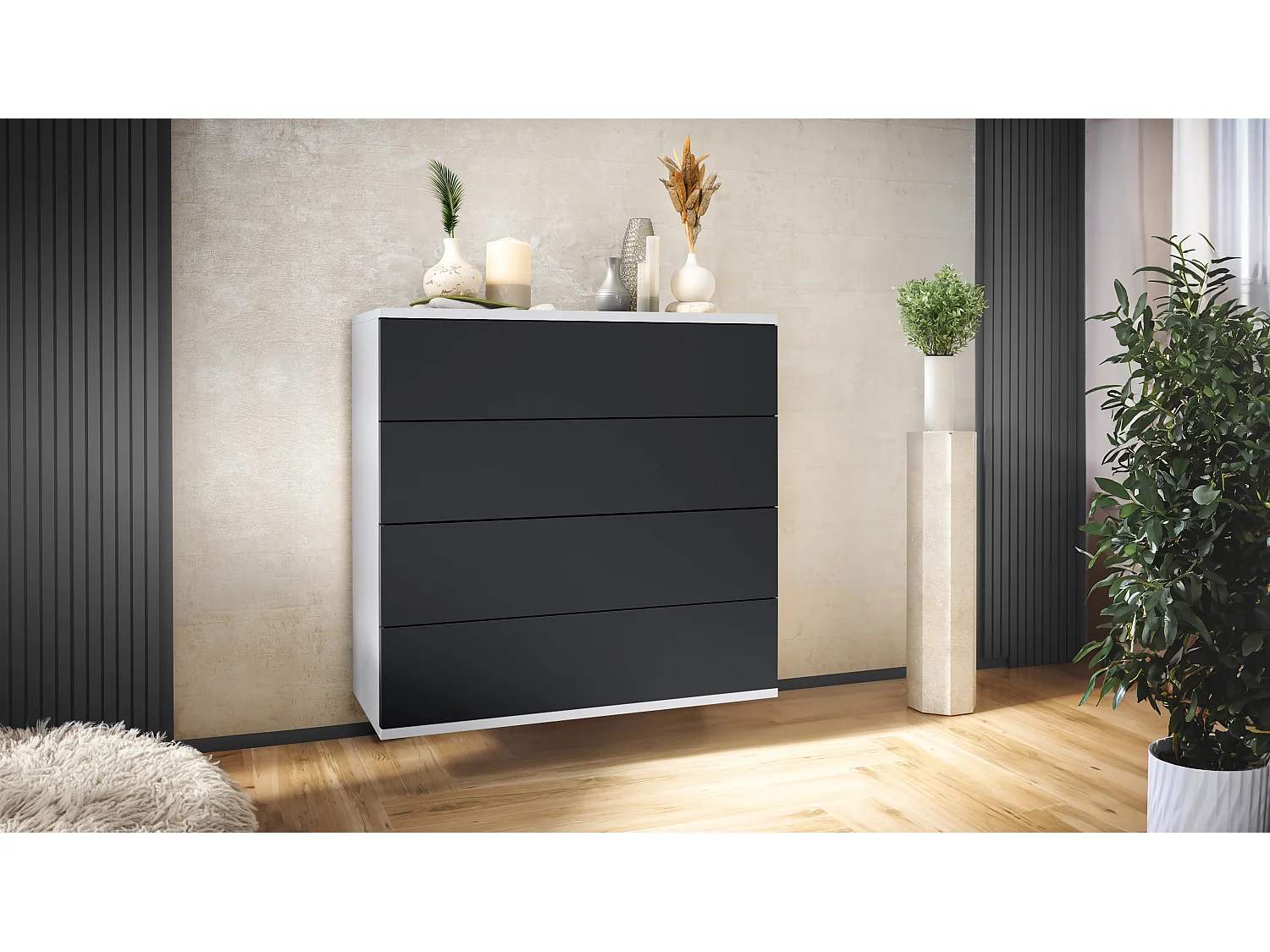 Cassettiera sospesa Pavos V3, Credenza con 4 cassetti bianco opaco/nero opaco (76 x 76 x 35 cm)