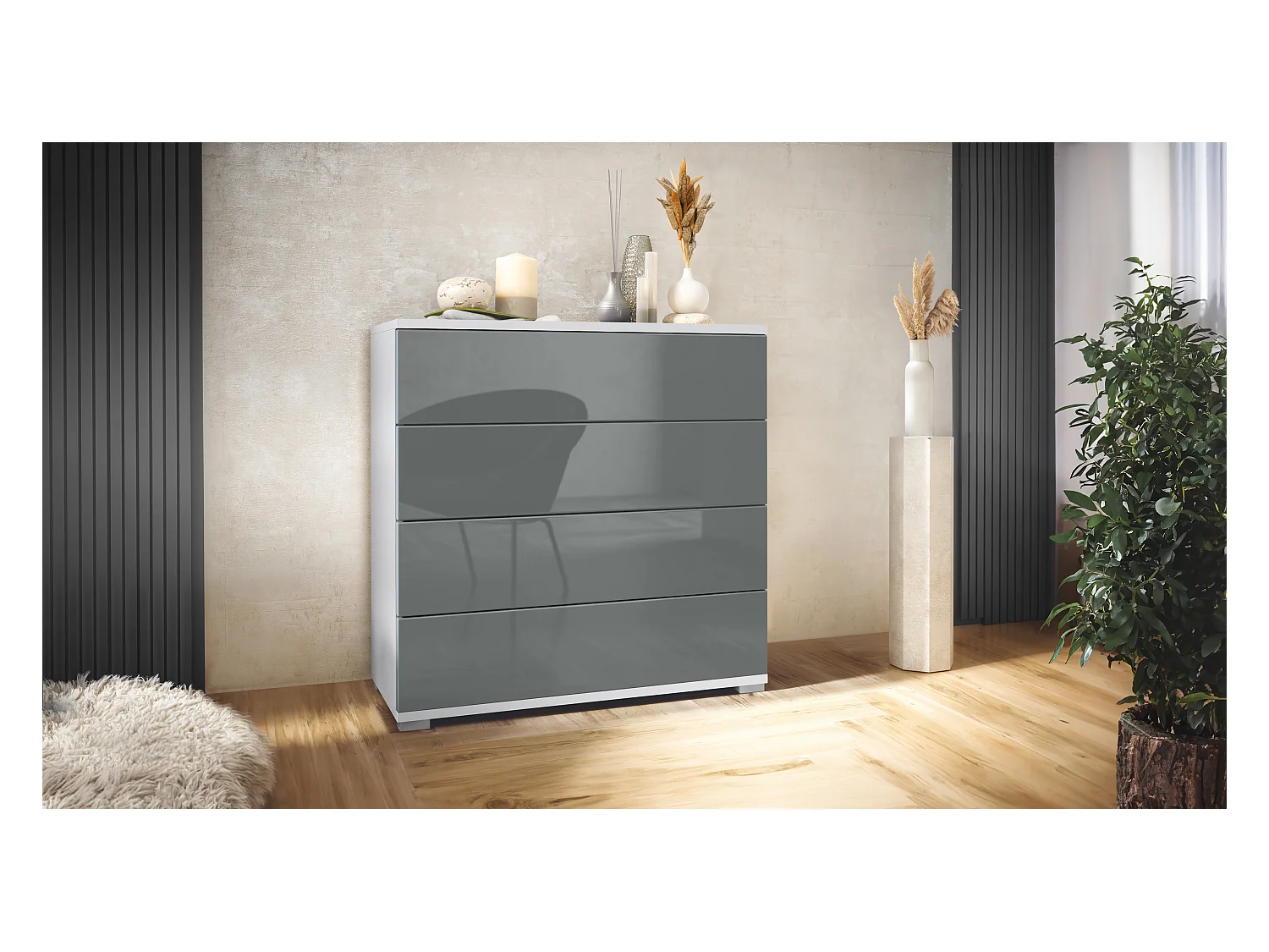 Commode  Pavos V3, Buffet avec 4 tiroirs blanc mat/gris haute brillance (76 x 76 x 35 cm)