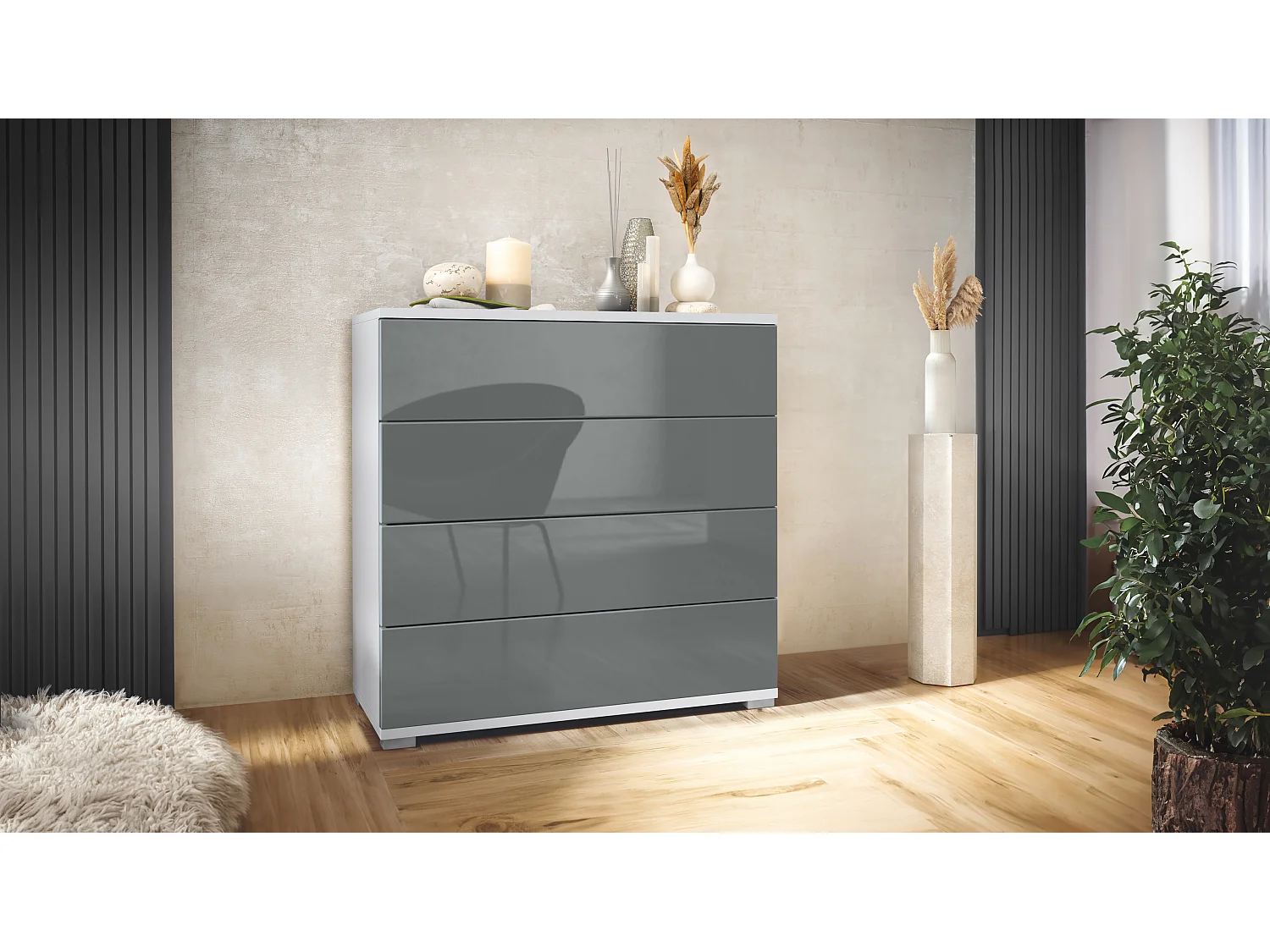 Vladon Cassettiera Pavos V3, Credenza con 4 cassetti bianco opaco/grigio lucido (76 x 76 x 35 cm)