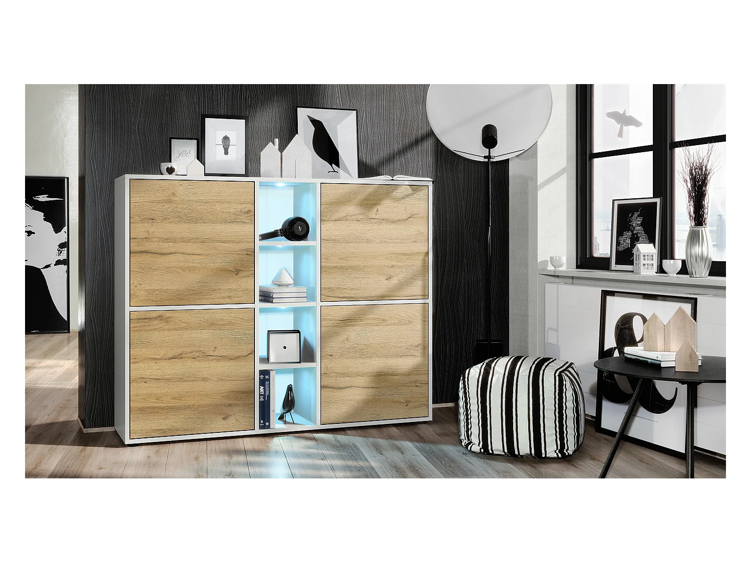 Highboard Cuba V3, blanc mat/chêne nature y compris LED - Buffet moderne à 12 compartiments (130,5 x 105,5 x 35,5 cm)