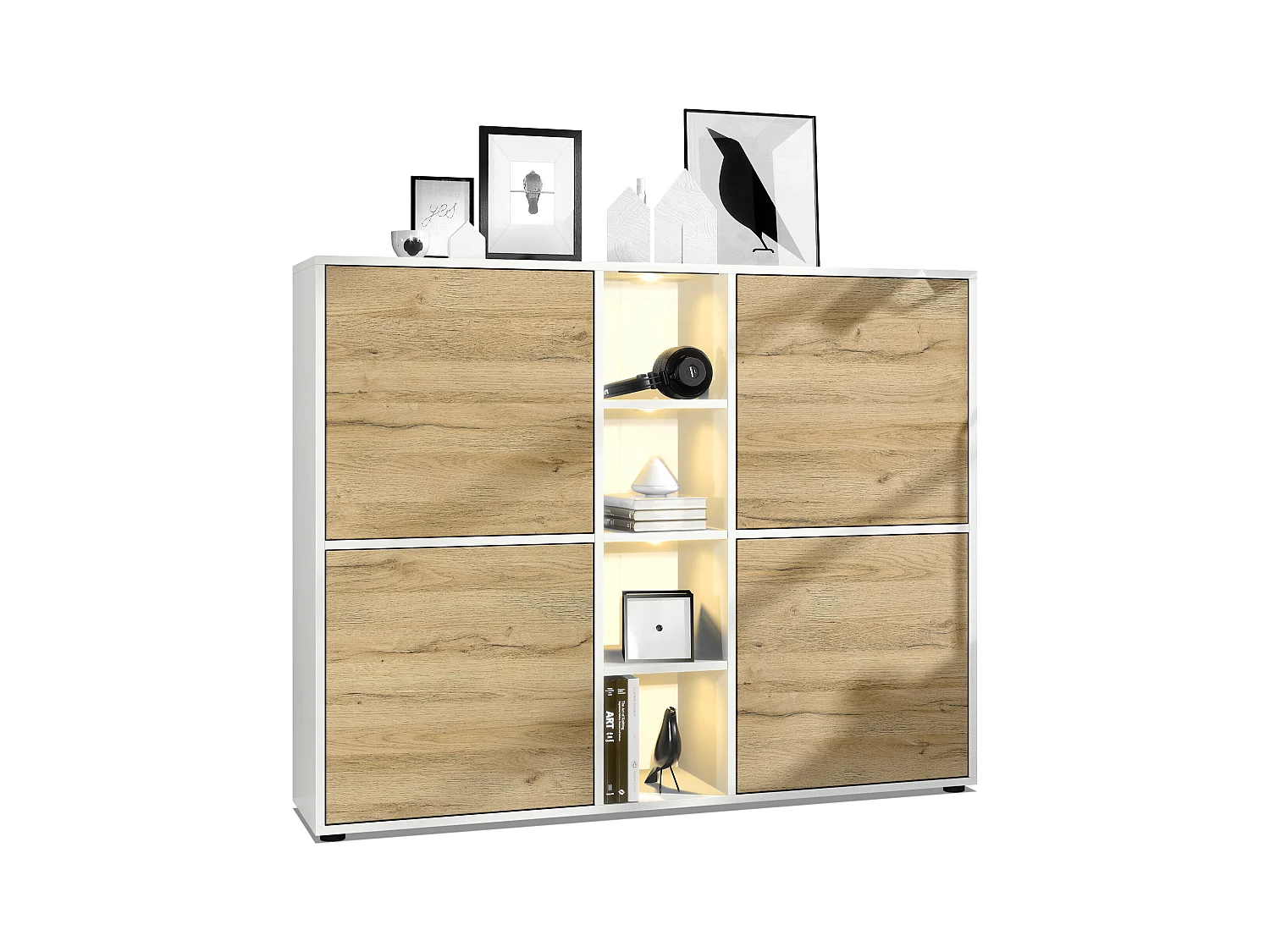 Highboard Cuba V3, blanc mat/chêne nature y compris LED - Buffet moderne à 12 compartiments (130,5 x 105,5 x 35,5 cm)