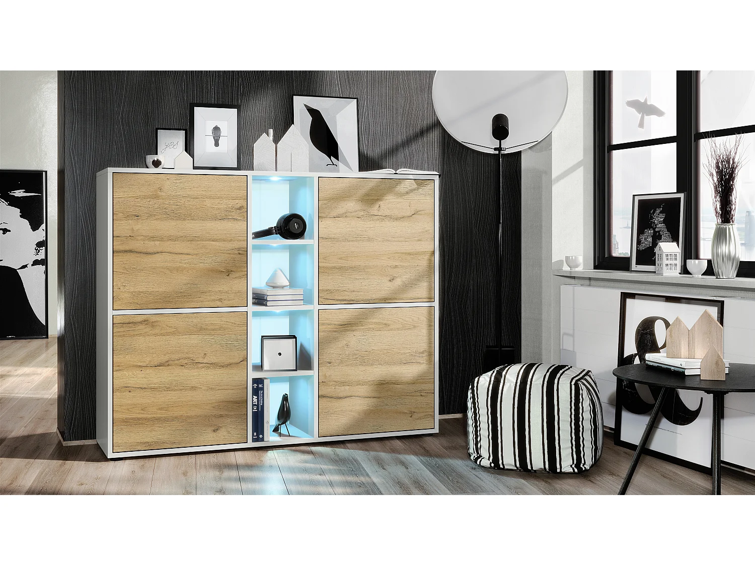 Vladon Credenza Cuba V3, bianco opaco/rovere naturale incl. LED - Credenza moderna con 12 scomparti (130,5 x 105,5 x 35,5 cm)