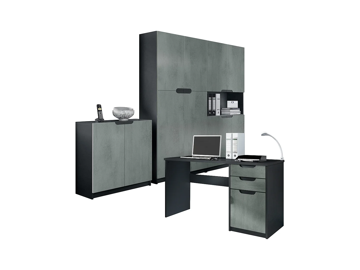 Ensemble de meubles de bureau Armoire Commode Rangement Logan, Corps en noir mat / Façades en aspect béton foncé