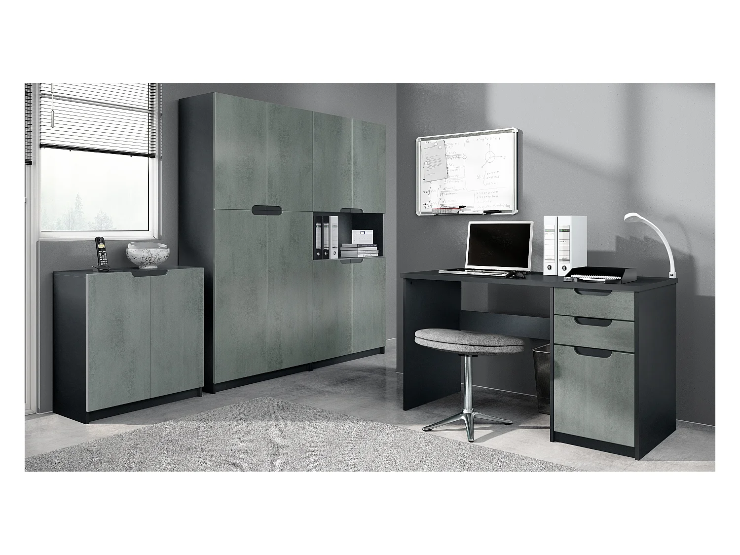 Ensemble de meubles de bureau Armoire Commode Rangement Logan, Corps en noir mat / Façades en aspect béton foncé