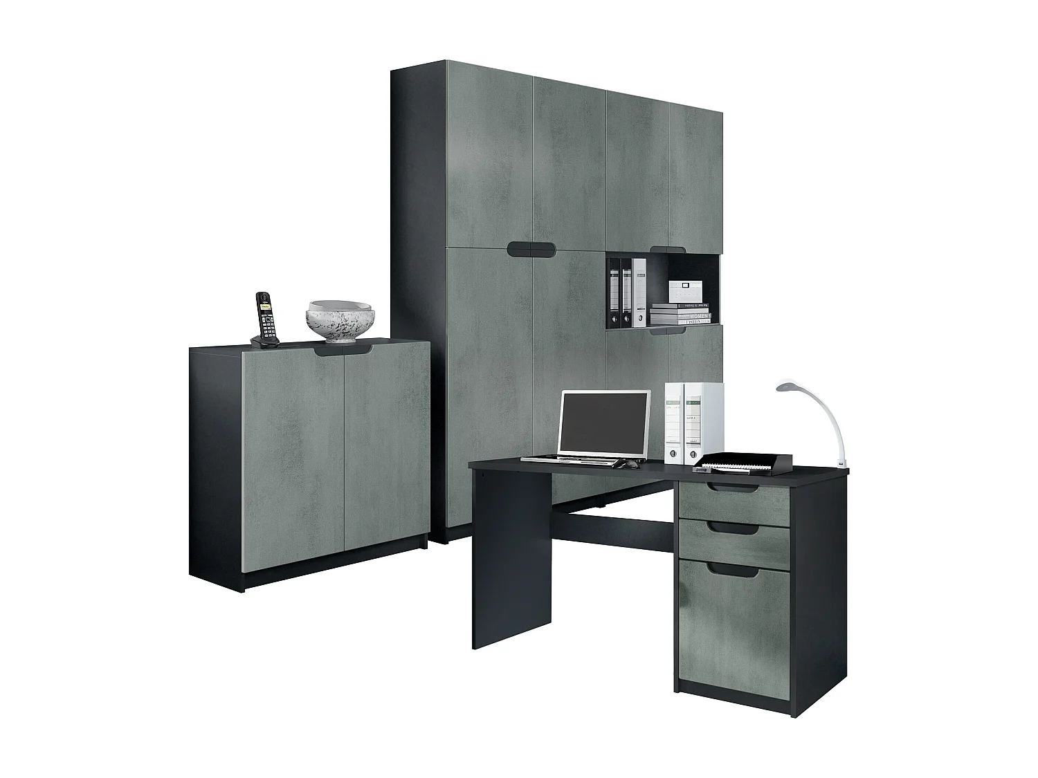 Ensemble de meubles de bureau Armoire Commode Rangement Logan, Corps en noir mat / Façades en aspect béton foncé