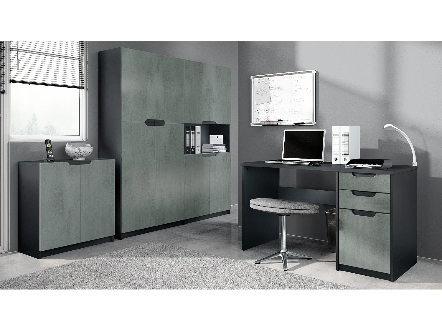Ensemble de meubles de bureau Armoire Commode Rangement Logan, Corps en noir mat / Façades en aspect béton foncé