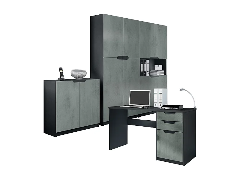 Ensemble de meubles de bureau Armoire Commode Rangement Logan, Corps en noir mat / Façades en aspect béton foncé