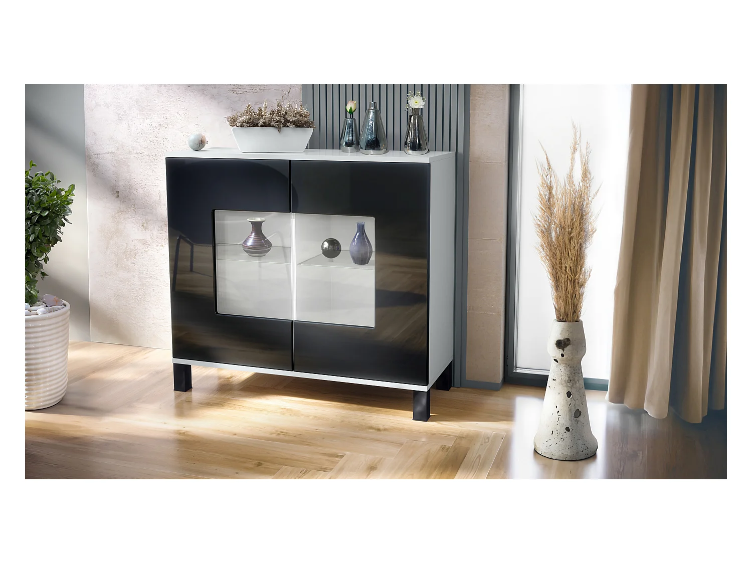 Cómoda Grömitz V3, Moderno armario de cocina con 2 grandes puertas de cristal blanco mate / negro de alto brillo (92,5 x 84.5 x 35)