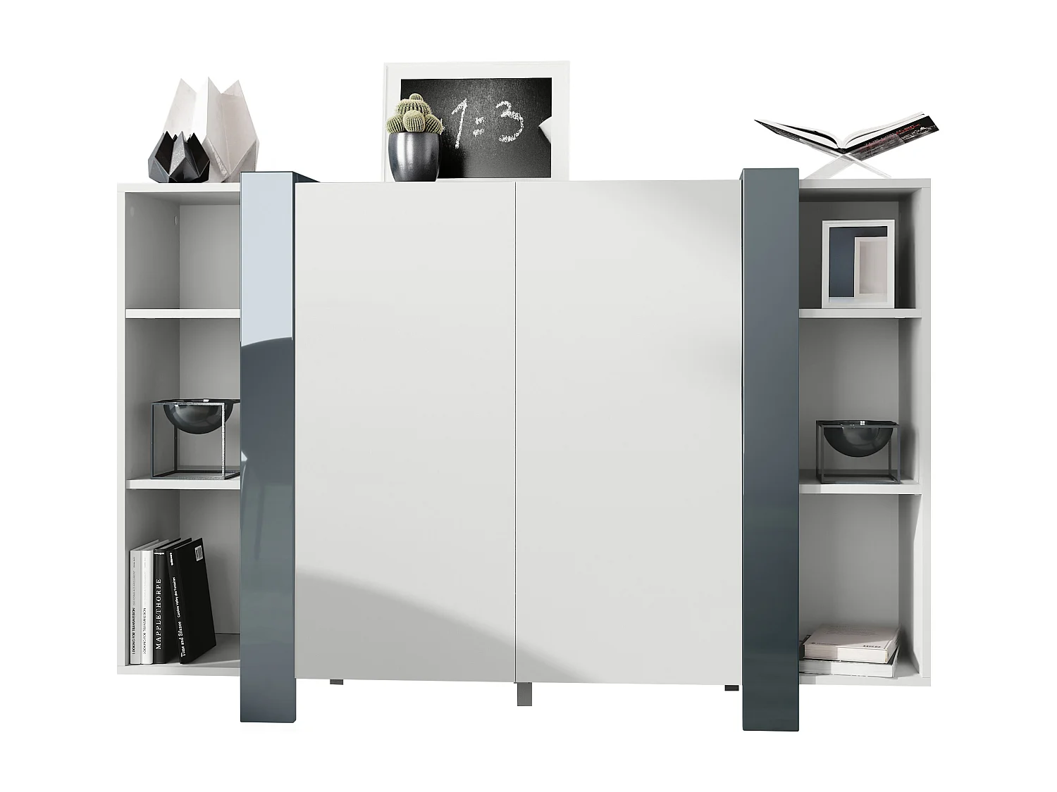 meuble haut Ida V2, Buffet avec 12 compartiments, caisson en blanc mat, bandeaux en gris haute brillance, (149 x 101 x 34 cm) | Grand choix de couleurs