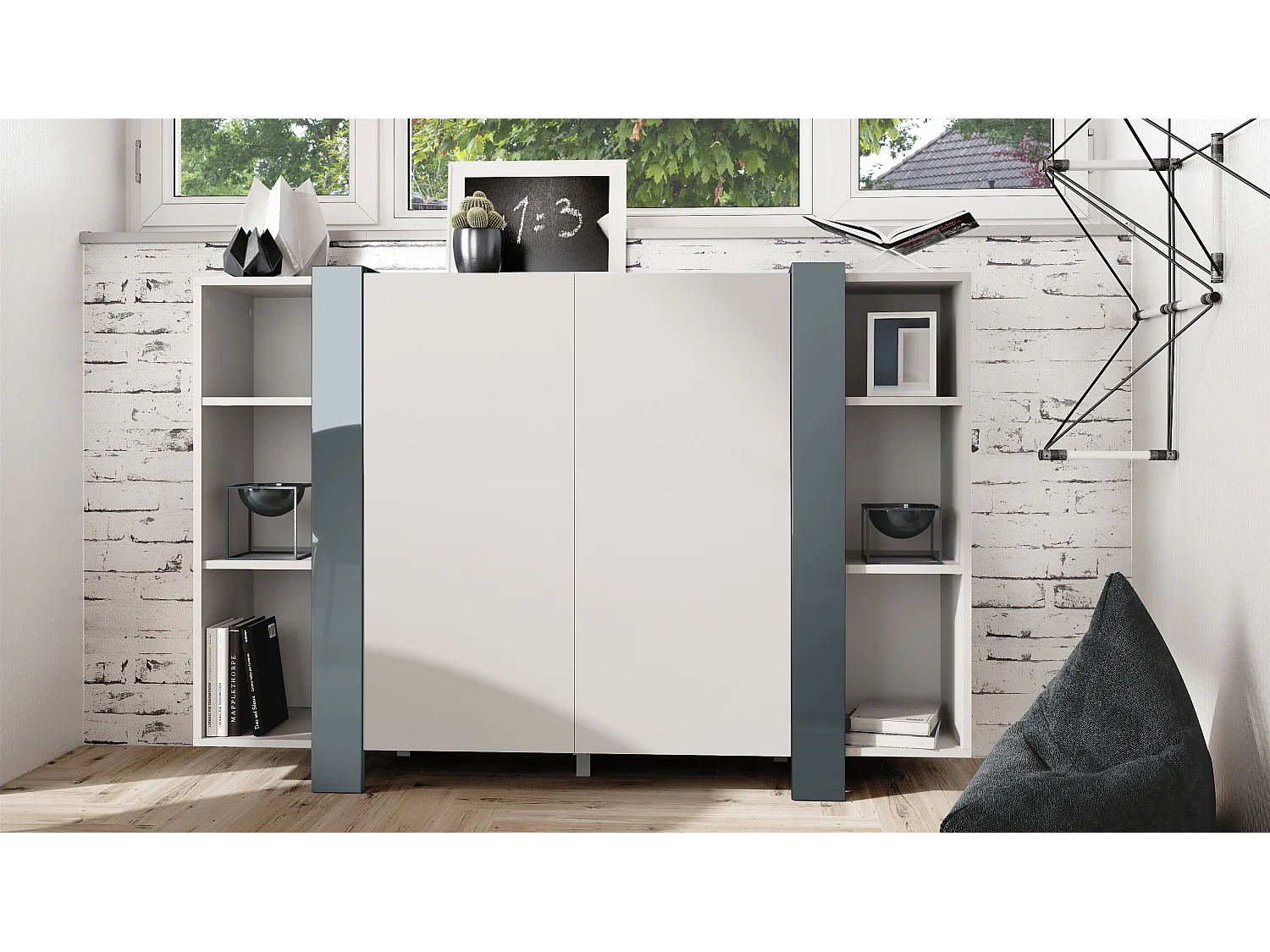 meuble haut Ida V2, Buffet avec 12 compartiments, caisson en blanc mat, bandeaux en gris haute brillance, (149 x 101 x 34 cm) | Grand choix de couleurs