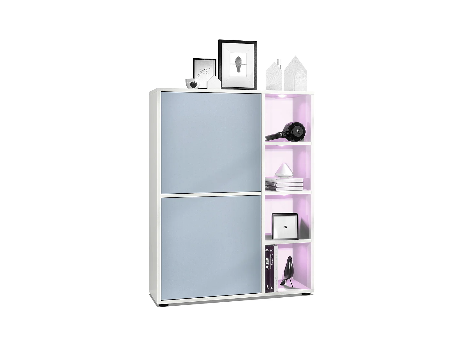 Buffet haut Cuba avec 8 compartiments, caisson en blanc mat / Façades en Denim mat avec éclairage LED RGB