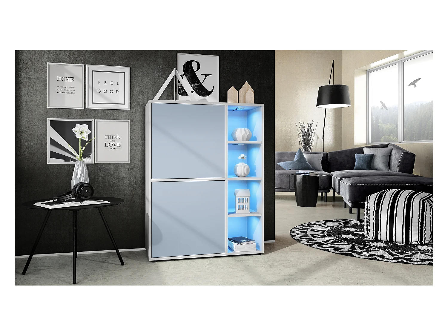 Buffet haut Cuba avec 8 compartiments, caisson en blanc mat / Façades en Denim mat avec éclairage LED RGB