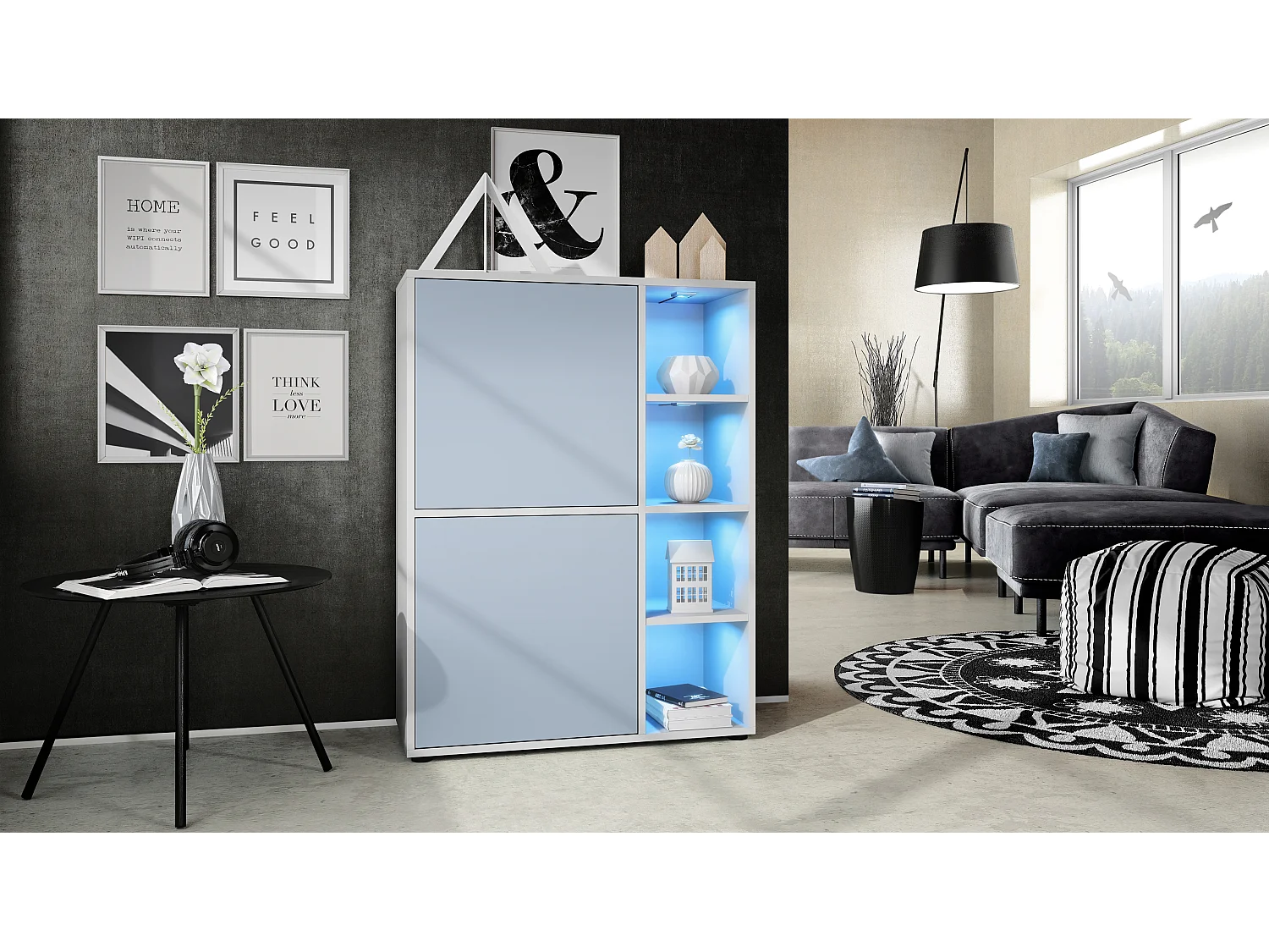 Credenza  Cuba 79 x 105,5 x 35,5 cm Credenza con 8 ripiani, struttura in bianco opaco / ante in denim opaco con illuminazione LED RGB