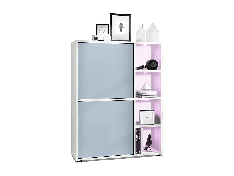 Buffet haut Cuba avec 8 compartiments, caisson en blanc mat / Façades en Denim mat avec éclairage LED RGB