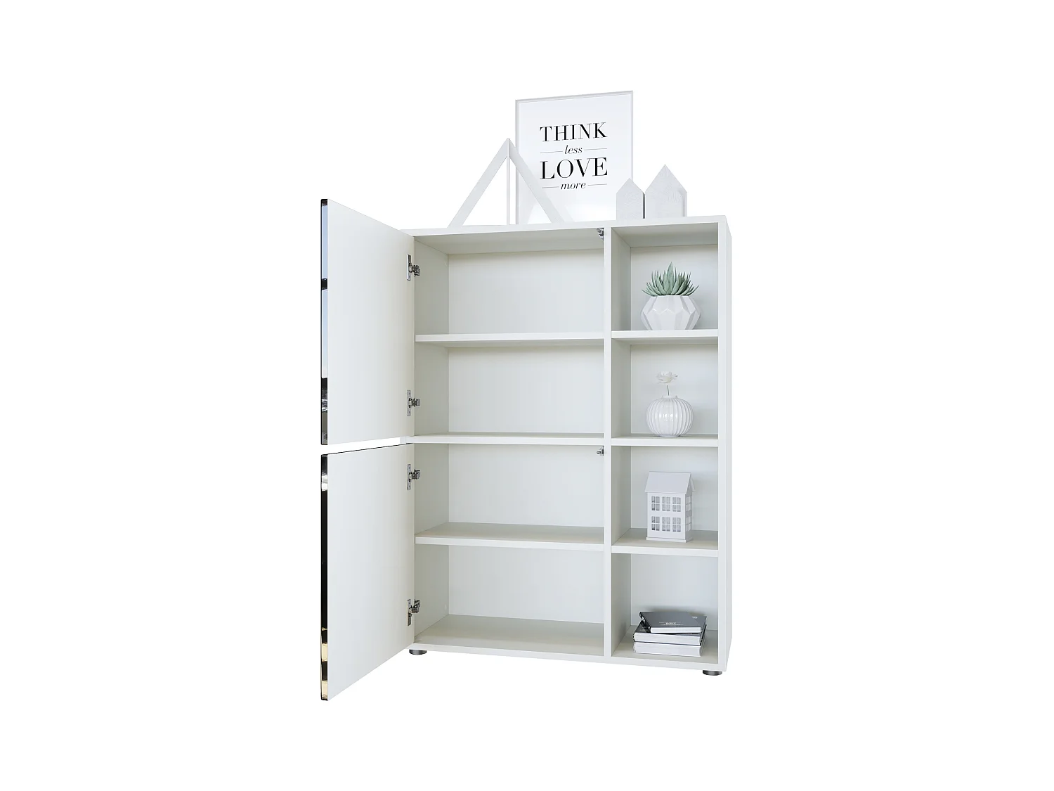 Buffet haut Cuba avec 8 compartiments, caisson en blanc mat / Façades en Gris clair satiné mat avec éclairage LED RGB