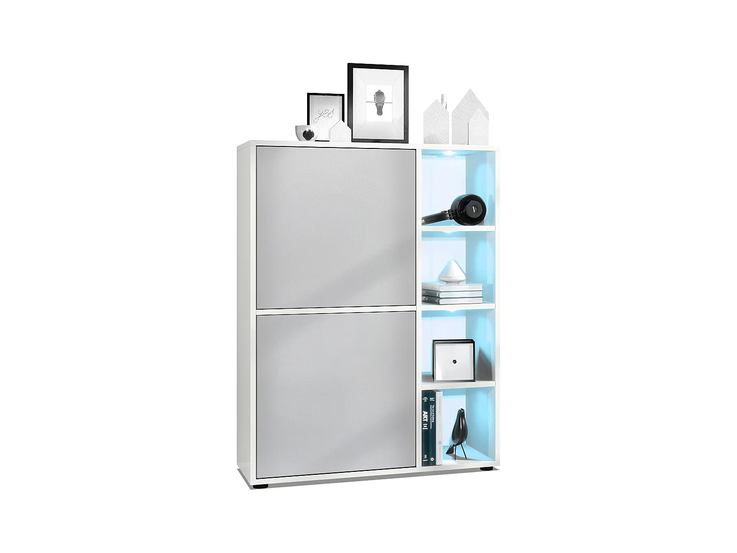 Buffet haut Cuba avec 8 compartiments, caisson en blanc mat / Façades en Gris clair satiné mat avec éclairage LED RGB