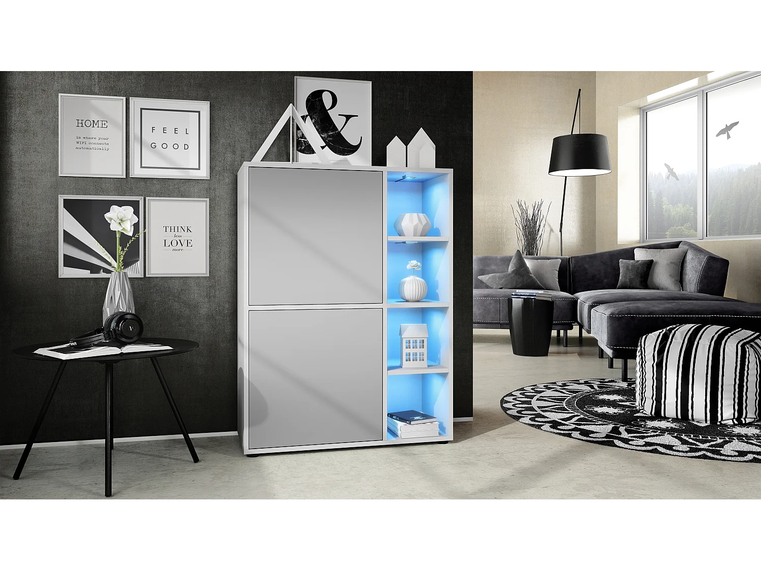 Credenza  Cuba 79 x 105,5 x 35,5 cm Credenza con 8 ripiani, Struttura in bianco opaco / Ante in grigio chiaro satinato con illuminazione LED RGB