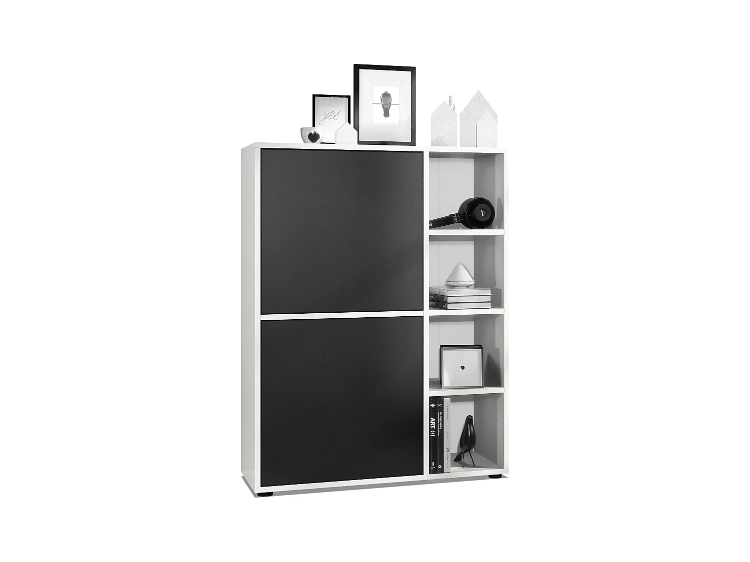 Buffet haut Cuba avec 8 compartiments, caisson en blanc mat / Façades en Noir mat