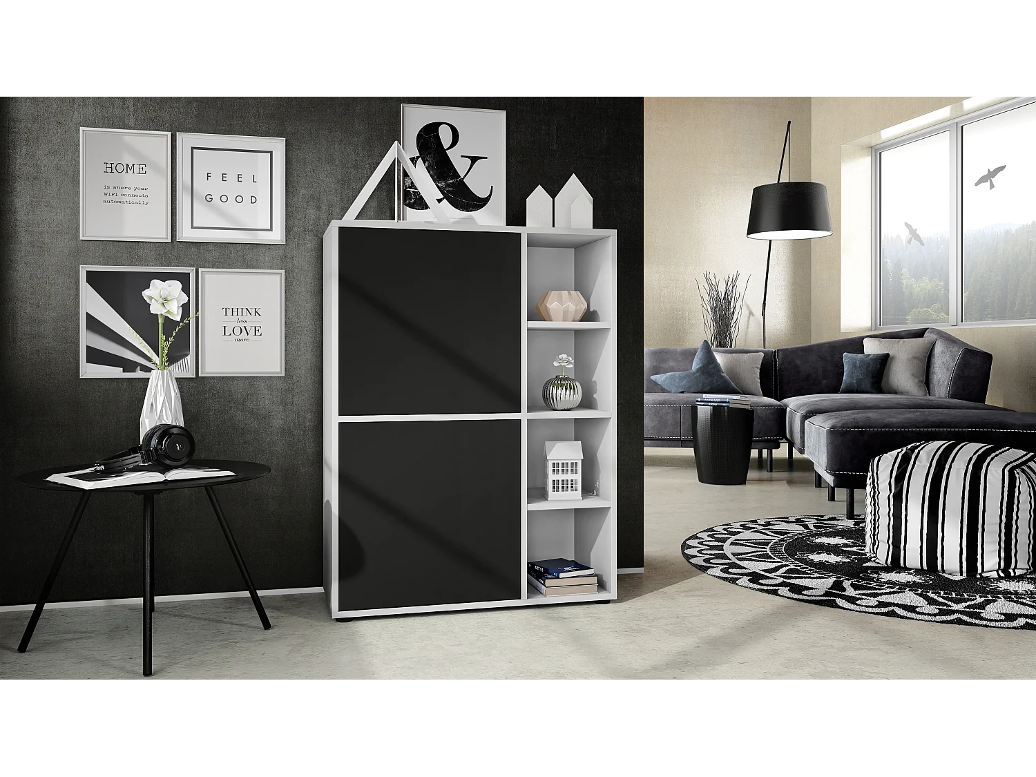 Credenza  Cuba 79 x 105,5 x 35,5 cm Credenza con 8 ripiani, Struttura in bianco opaco / Ante in nero opaco