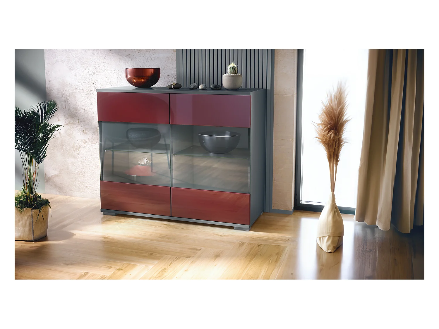 Commode Bari V3, Armoire de cuisine moderne avec 2 grandes portes vitrées anthracite mat / bordeaux haute brillance (92,5 x 75.5 x 35)