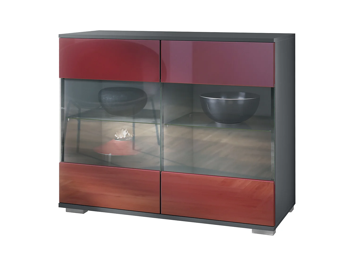 Commode Bari V3, Armoire de cuisine moderne avec 2 grandes portes vitrées anthracite mat / bordeaux haute brillance (92,5 x 75.5 x 35)