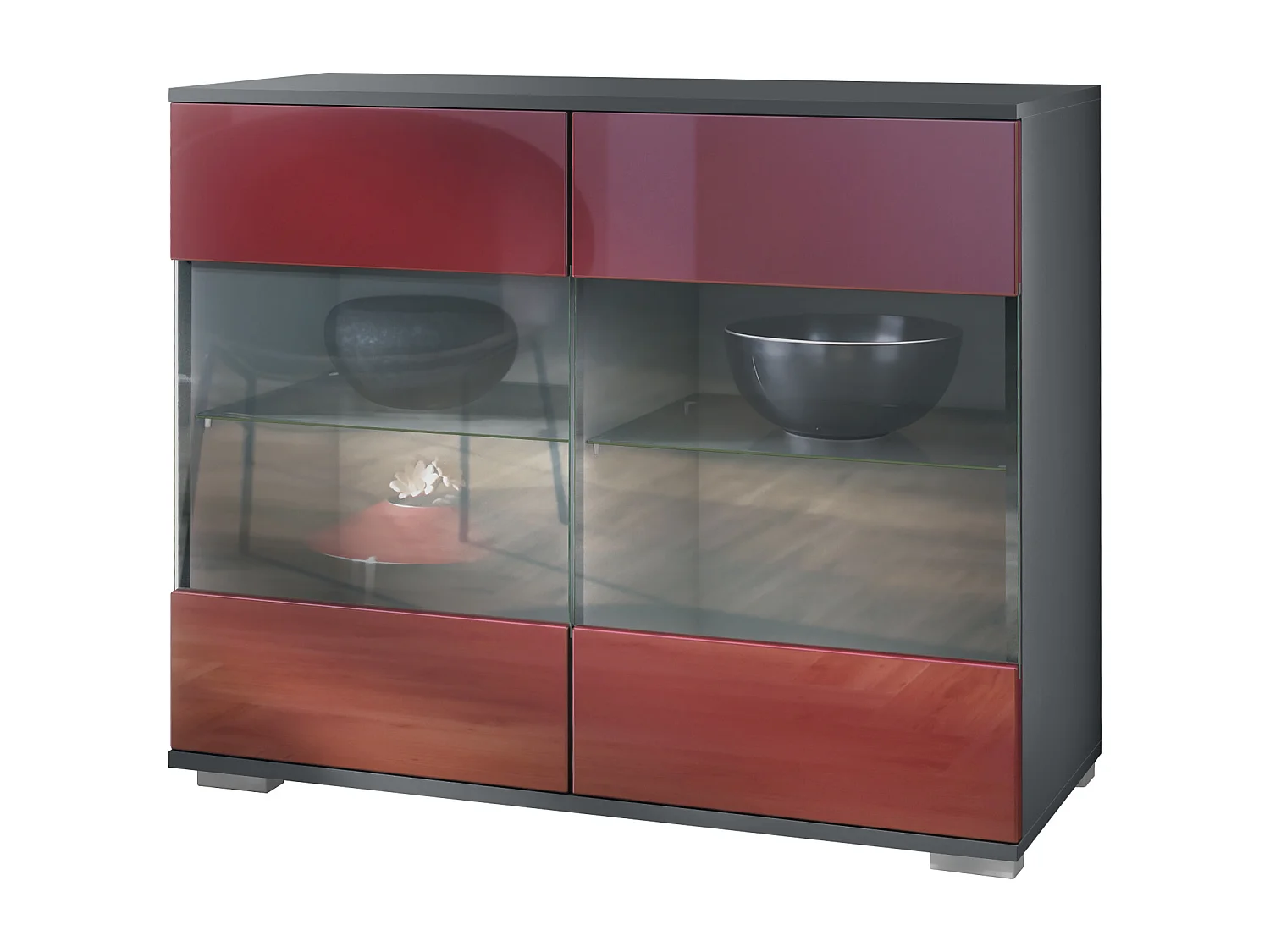 Cassettiera Bari V3, Mobile da cucina moderno con 2 grandi ante in vetro antracite opaco  / bordeaux lucido (92,5 x 75.5 x 35)