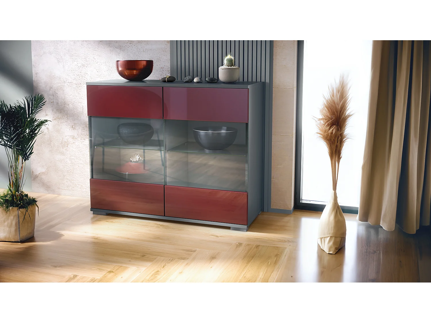 Cassettiera Bari V3, Mobile da cucina moderno con 2 grandi ante in vetro antracite opaco  / bordeaux lucido (92,5 x 75.5 x 35)