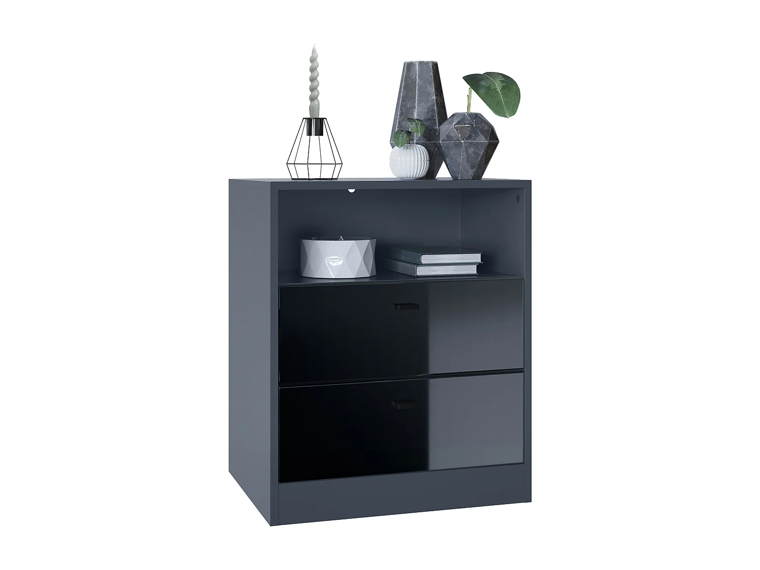 Buffet Pino V1, table de chevet avec 2 tiroirs & 1 compartiment ouvert, Anthracite mat/Noir haute brillance sans LED (56 x 67,5 x 36 cm)