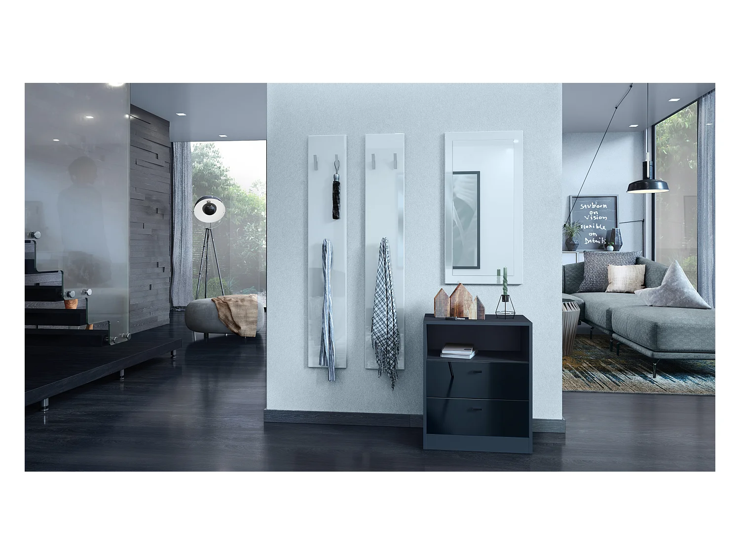 Buffet Pino V1, table de chevet avec 2 tiroirs & 1 compartiment ouvert, Anthracite mat/Noir haute brillance sans LED (56 x 67,5 x 36 cm)