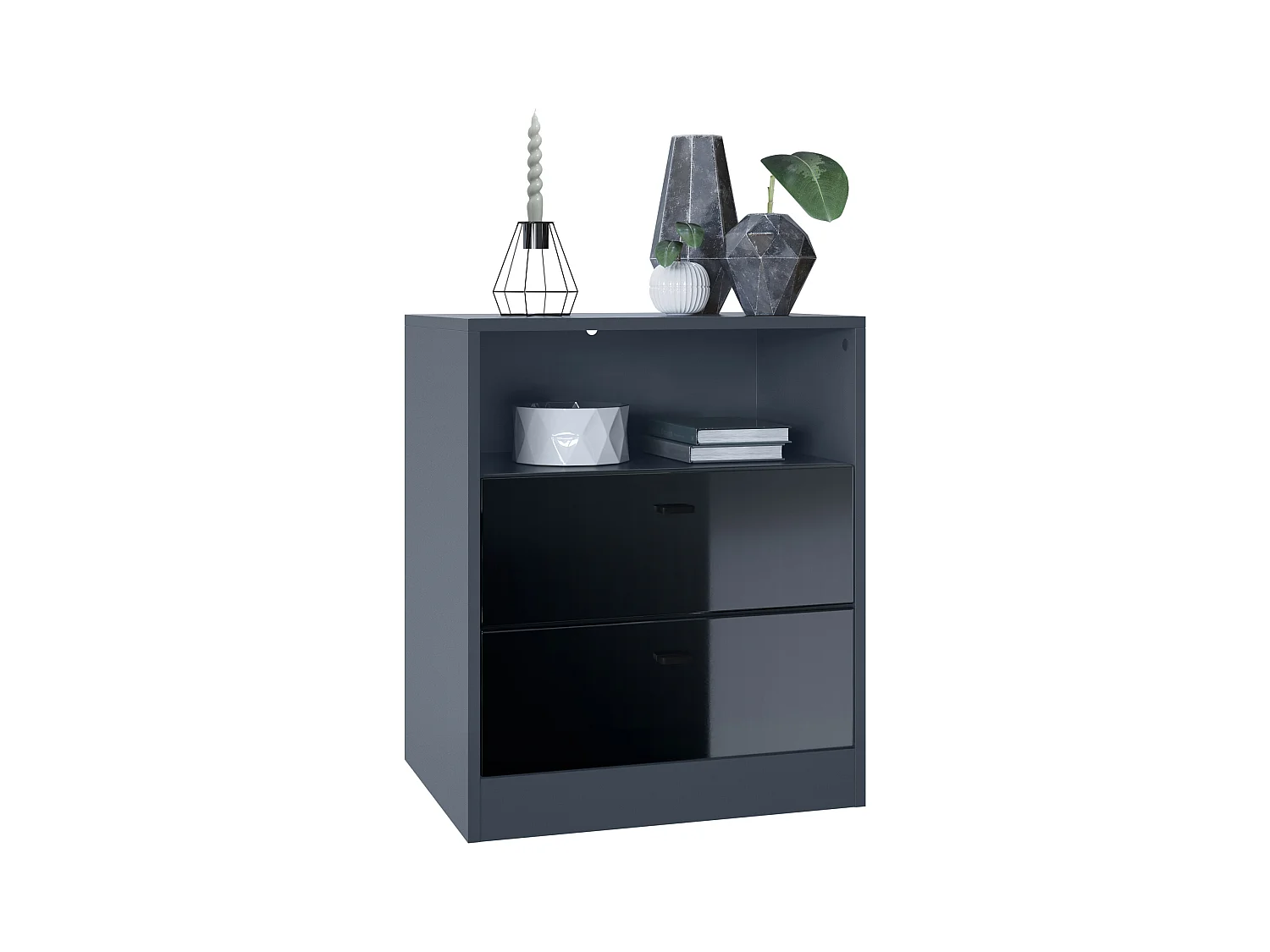 Buffet Pino V1, table de chevet avec 2 tiroirs & 1 compartiment ouvert, Anthracite mat/Noir haute brillance sans LED (56 x 67,5 x 36 cm)
