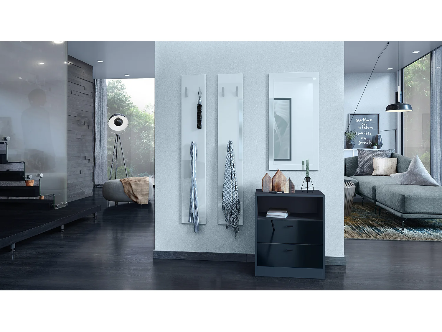 Buffet Pino V1, table de chevet avec 2 tiroirs & 1 compartiment ouvert, Anthracite mat/Noir haute brillance sans LED (56 x 67,5 x 36 cm)