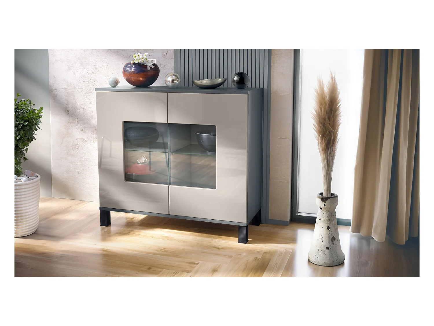 Commode Grömitz V3, Armoire de cuisine moderne avec 2 grandes portes vitrées anthracite mat / gris sable haute brillance (92,5 x 84.5 x 35)