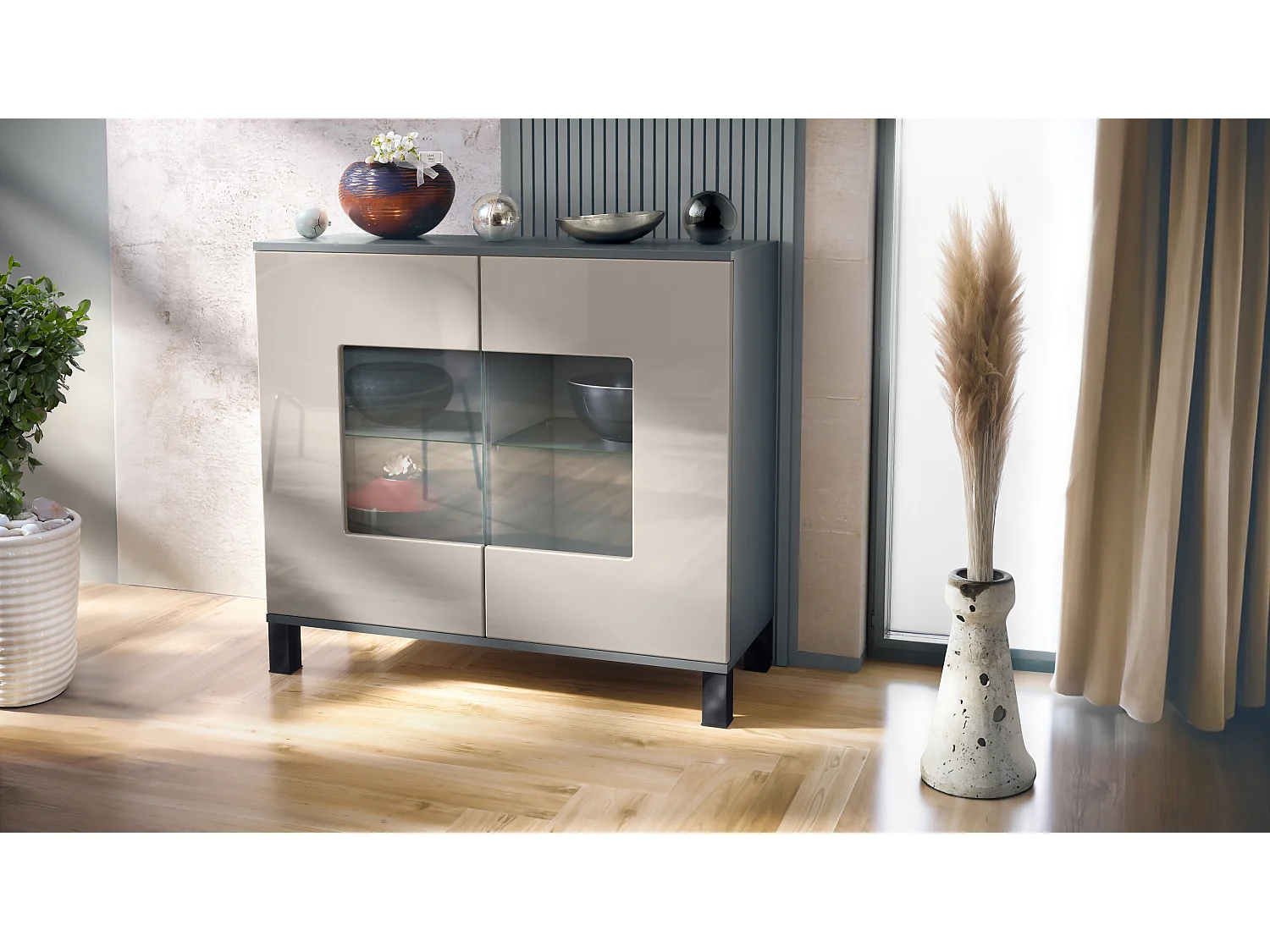 Commode Grömitz V3, Armoire de cuisine moderne avec 2 grandes portes vitrées anthracite mat / gris sable haute brillance (92,5 x 84.5 x 35)