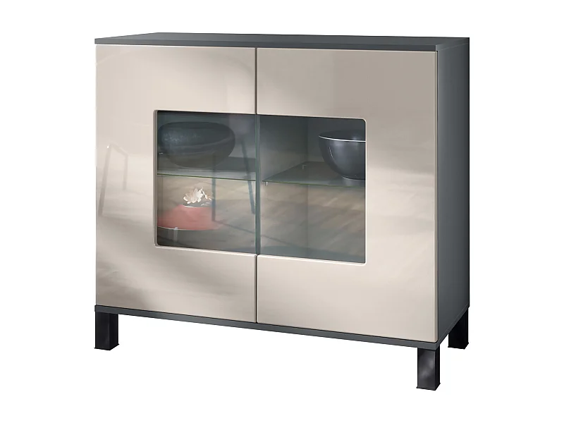 Cassettiera Grömitz V3, Mobile da cucina moderno con 2 grandi ante in vetro antracite opaco  / grigio sabbia lucido (92,5 x 84.5 x 35)