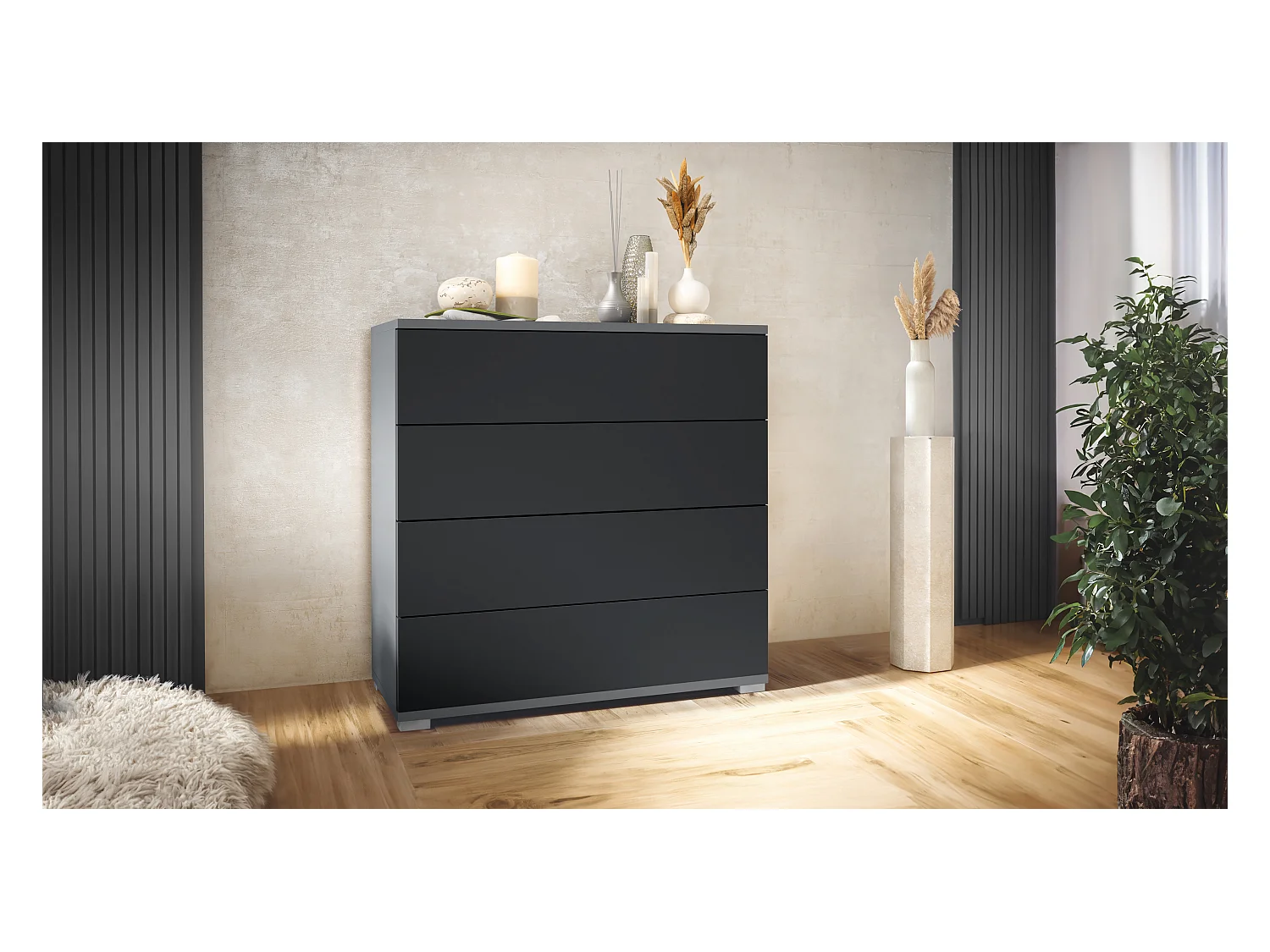 Commode  Pavos V3, Buffet avec 4 tiroirs anthracite mat/noir mat (76 x 76 x 35 cm)