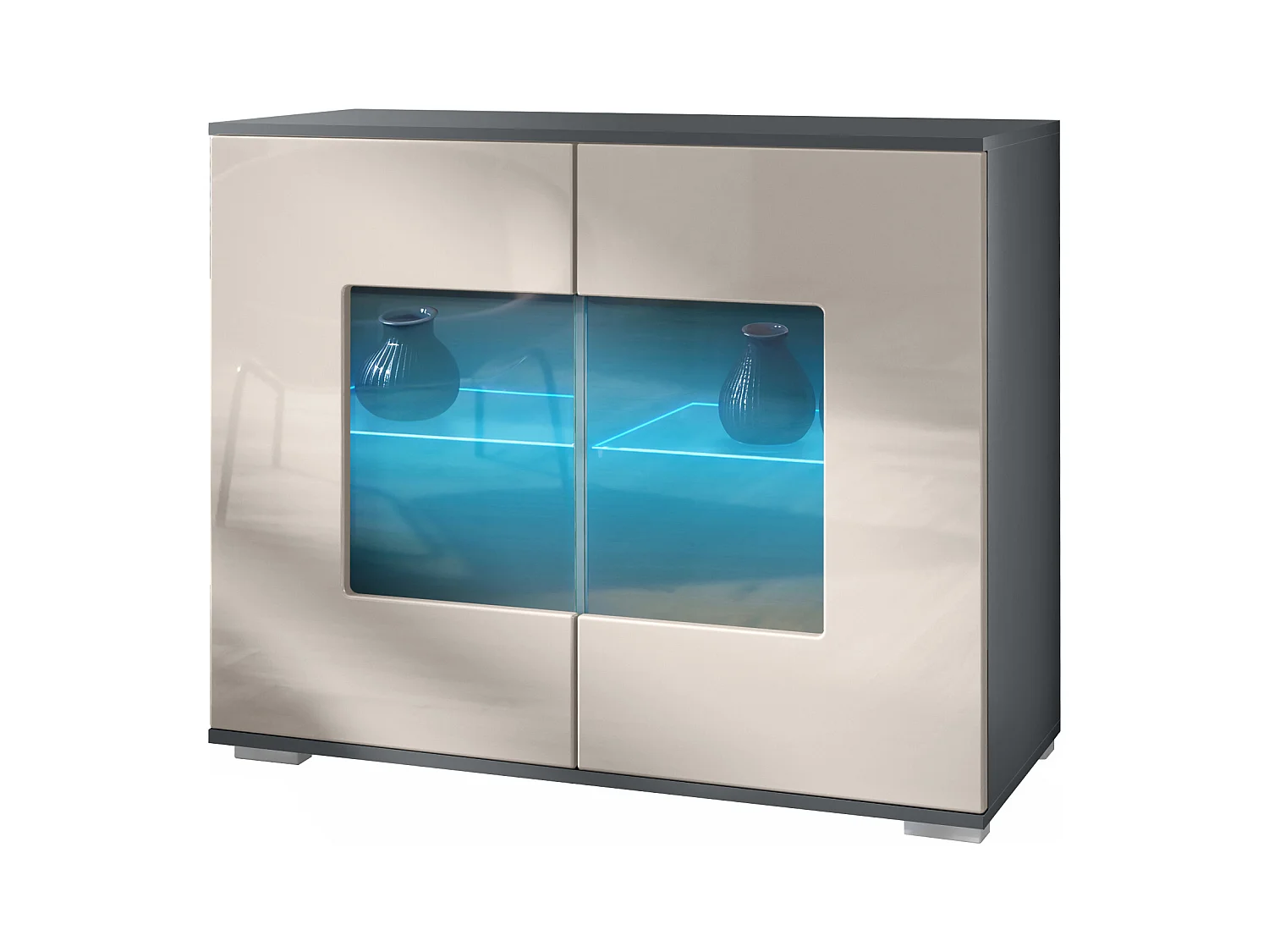 Commode Grömitz V3, Armoire de cuisine moderne avec 2 grandes portes vitrées incl. éclairage RGB anthracite mat / gris sable haute brillance (92,5 x 75.5 x 35)
