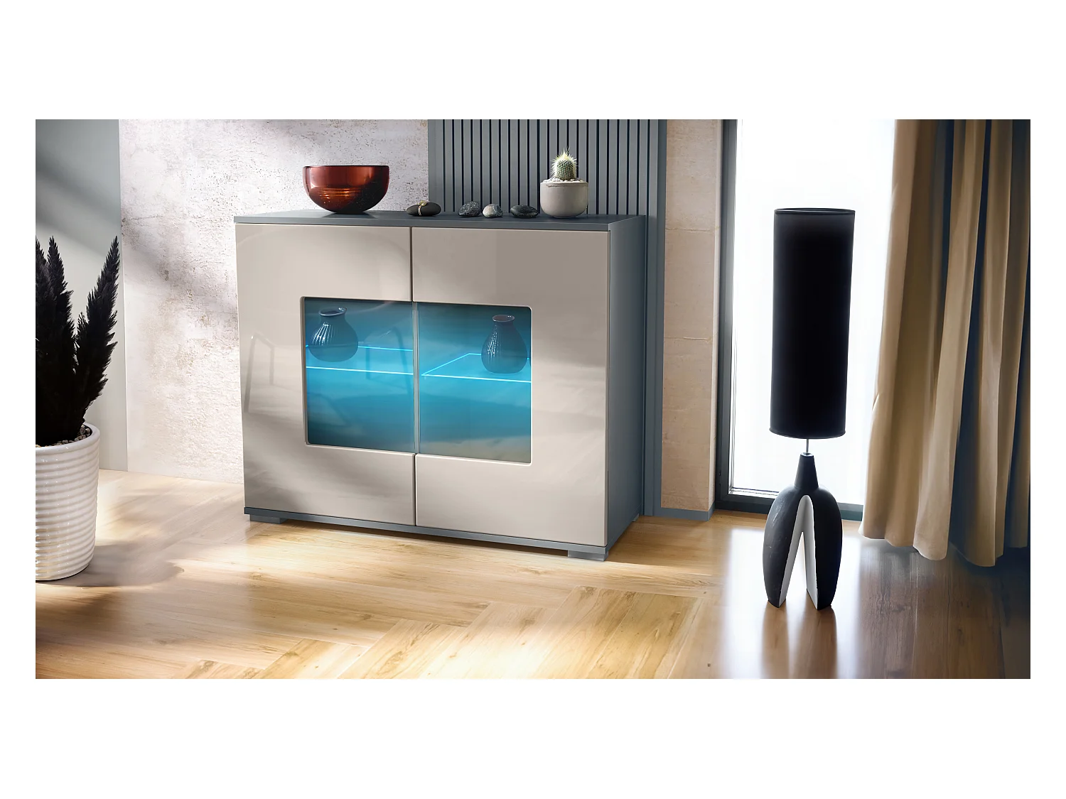 Commode Grömitz V3, Armoire de cuisine moderne avec 2 grandes portes vitrées incl. éclairage RGB anthracite mat / gris sable haute brillance (92,5 x 75.5 x 35)