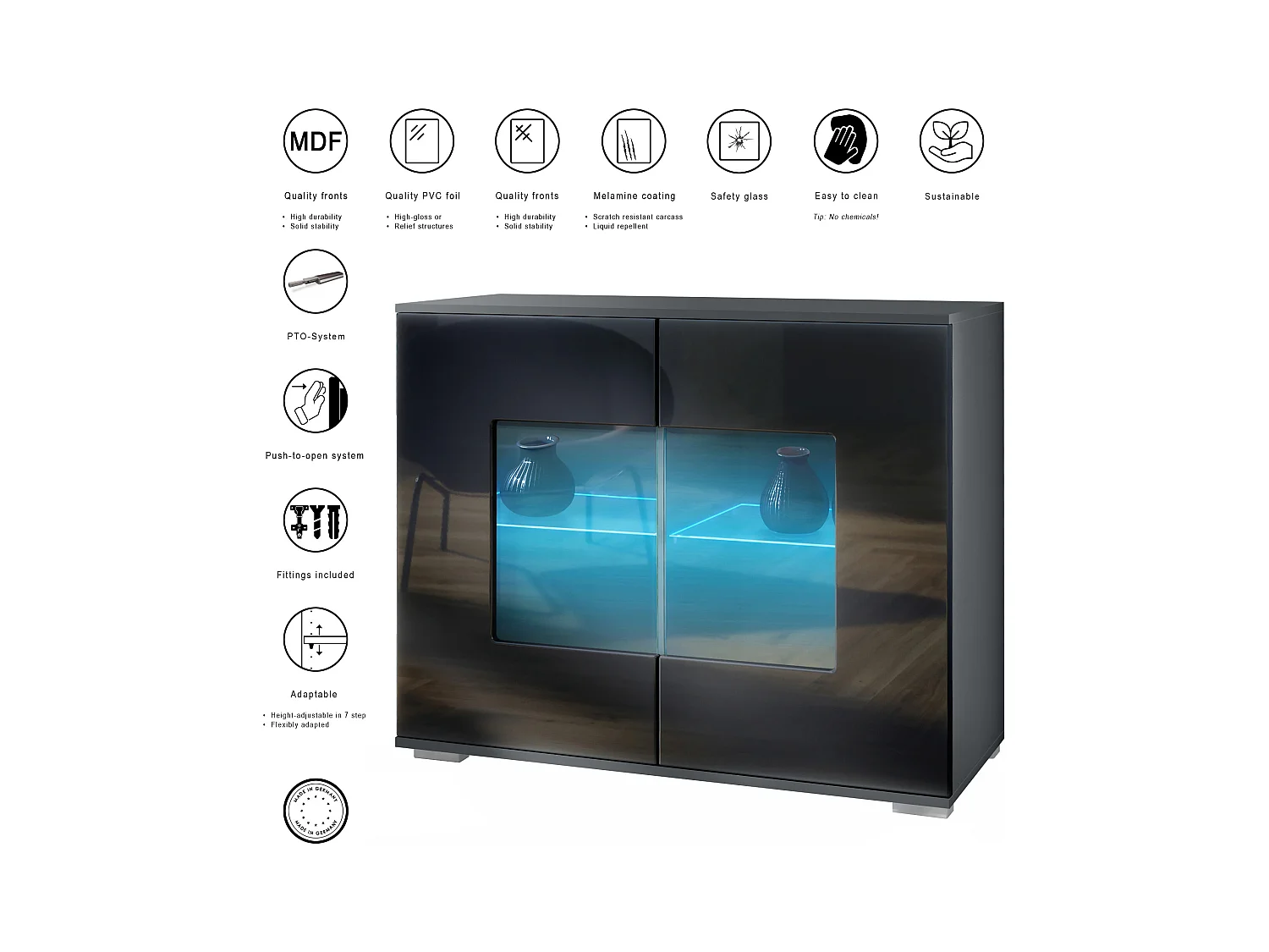 Commode Grömitz V3, Armoire de cuisine moderne avec 2 grandes portes vitrées incl. éclairage RGB anthracite mat / gris sable haute brillance (92,5 x 75.5 x 35)