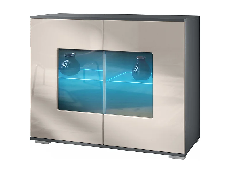 Commode Grömitz V3, Armoire de cuisine moderne avec 2 grandes portes vitrées incl. éclairage RGB anthracite mat / gris sable haute brillance (92,5 x 75.5 x 35)