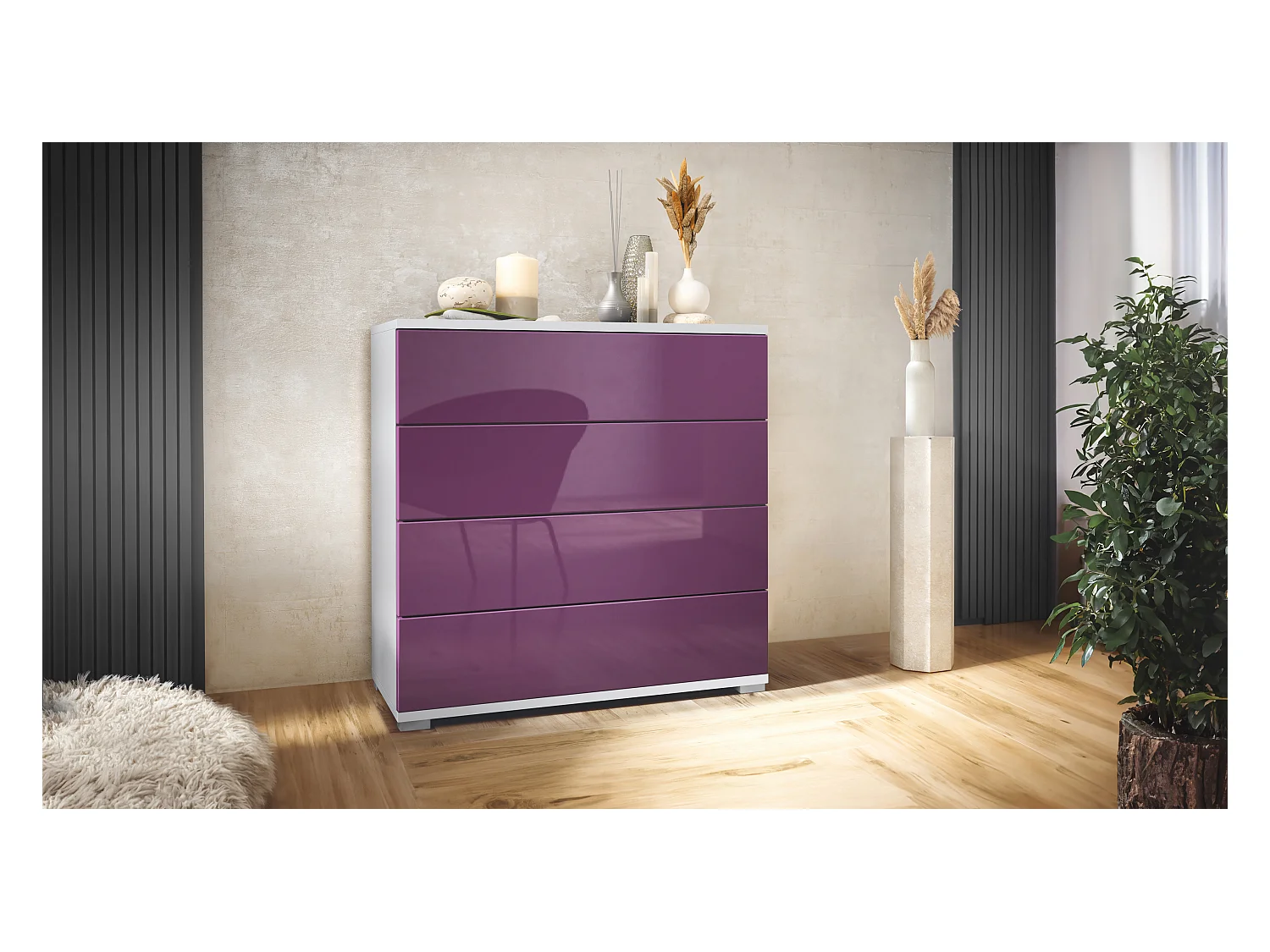 Commode  Pavos V3, Buffet avec 4 tiroirs blanc mat/mûre haute brillance (76 x 76 x 35 cm)