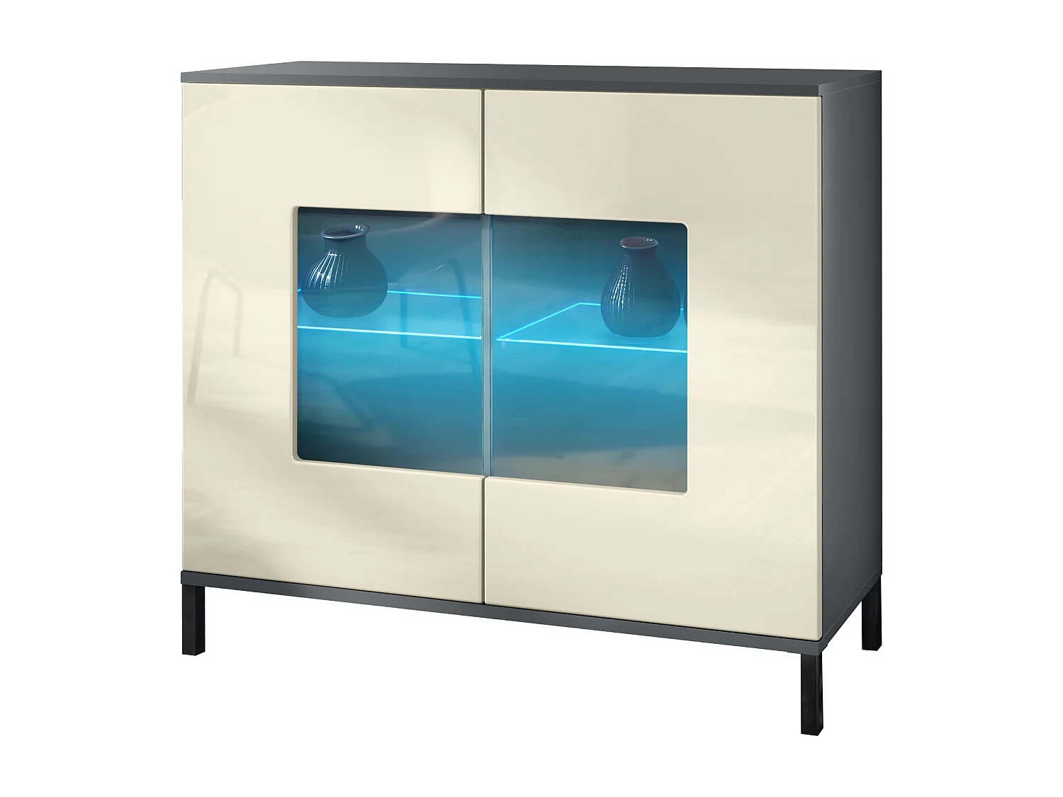 Commode Grömitz V3, Armoire de cuisine moderne avec 2 grandes portes vitrées incl. éclairage RGB anthracite mat / crème haute brillance (92,5 x 83.5 x 35)